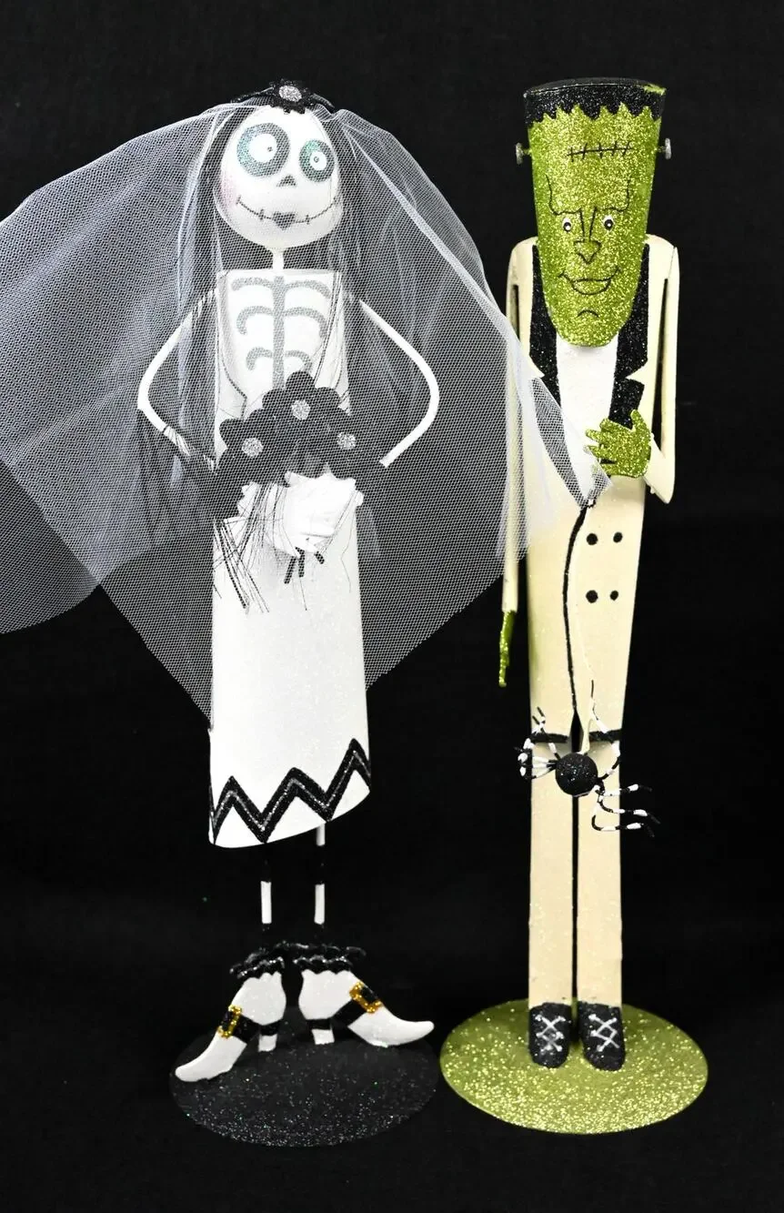 Retired Pier 1 Imports Metal Glitter Frankenstein & Skeleton Bride